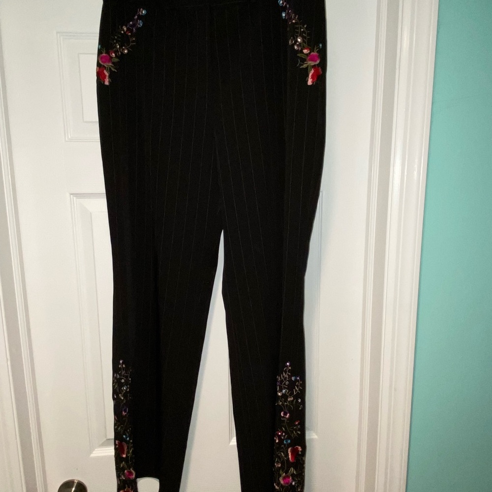 Spenser Jeremy Black and Red Straight Leg Pants with Floral Embroidery